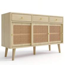 Sideboard, Chest Of Drawers With 3 Drawers And 3 Sliding Doors, Rattan Weave On The Door Fronts, Solid Wood Legs, Gold Metal Bar Handle, Adjustable Shelves, Oak, 120 X 40 X 78 Cm - 自然色 - 查看 8