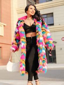 FHILLINUO Plus Size Women Fashion Lapel Collar Color Block Mid-Length Fluffy Coat, Suitable For Daily Street, Travel, Tea Party, Airport, Autumn/Winter Vacation - Nhiều màu - Xem 3