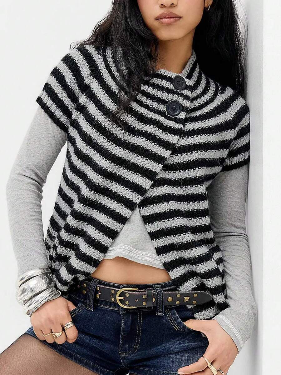 Womens Spring Summer Short Sleeve Cardigan Sweaters Crew Neck Button Down Ribbed Knit Outwear Y2k Clothes - Gris Claro - Ver 1