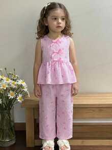 女童两件套服装：无袖连衣裙上衣、纽扣开衫、蝴蝶结印花条纹阔腿裤，可爱优雅的夏季女童服装 - 粉色 - 查看 3