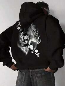 Men's Fashionable Skull & Playing Card Print Drawstring Hoodie With Kangaroo Pocket, Thermal Lined, Autumn/Winter - 深灰色 - 查看 7