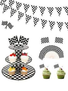 Racing Theme Birthday Decoration Set, Black & White Checkered Flag Banner, 3-Tier Racing Theme Cupcake Stand, Mini Checkered Flag Cupcake Decorations, Black & White Checkered Pattern Decor, Suitable For Car Themed Party Supplies, Racing Theme Party Decorations, Birthday Party Decor, Checkered Party Decor, "Race Car Party" Supplies, Creative DIY Cake Decorations, Birthday Party Centerpieces, Cupcake And Dessert Display Stand, Baby Shower - Multicolor - View 5
