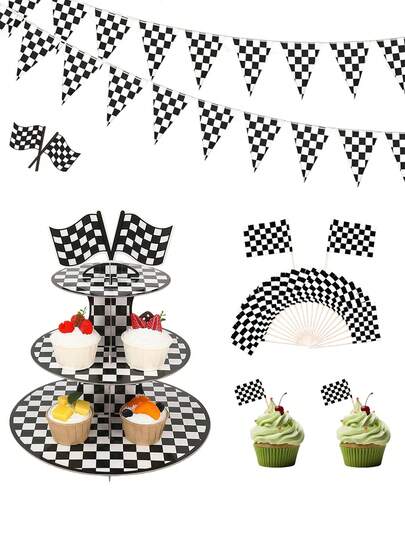 Racing Theme Birthday Decoration Set, Black & White Checkered Flag Banner, 3-Tier Racing Theme Cupcake Stand, Mini Checkered Flag Cupcake Decorations, Black & White Checkered Pattern Decor, Suitable For Car Themed Party Supplies, Racing Theme Party Decorations, Birthday Party Decor, Checkered Party Decor, "Race Car Party" Supplies, Creative DIY Cake Decorations, Birthday Party Centerpieces, Cupcake And Dessert Display Stand, Baby Shower