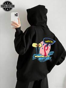 SpongeBob SquarePants 大码女式卡通印花休闲街头风卫衣，秋冬季时尚百搭单品 - 黑色 - 查看 1