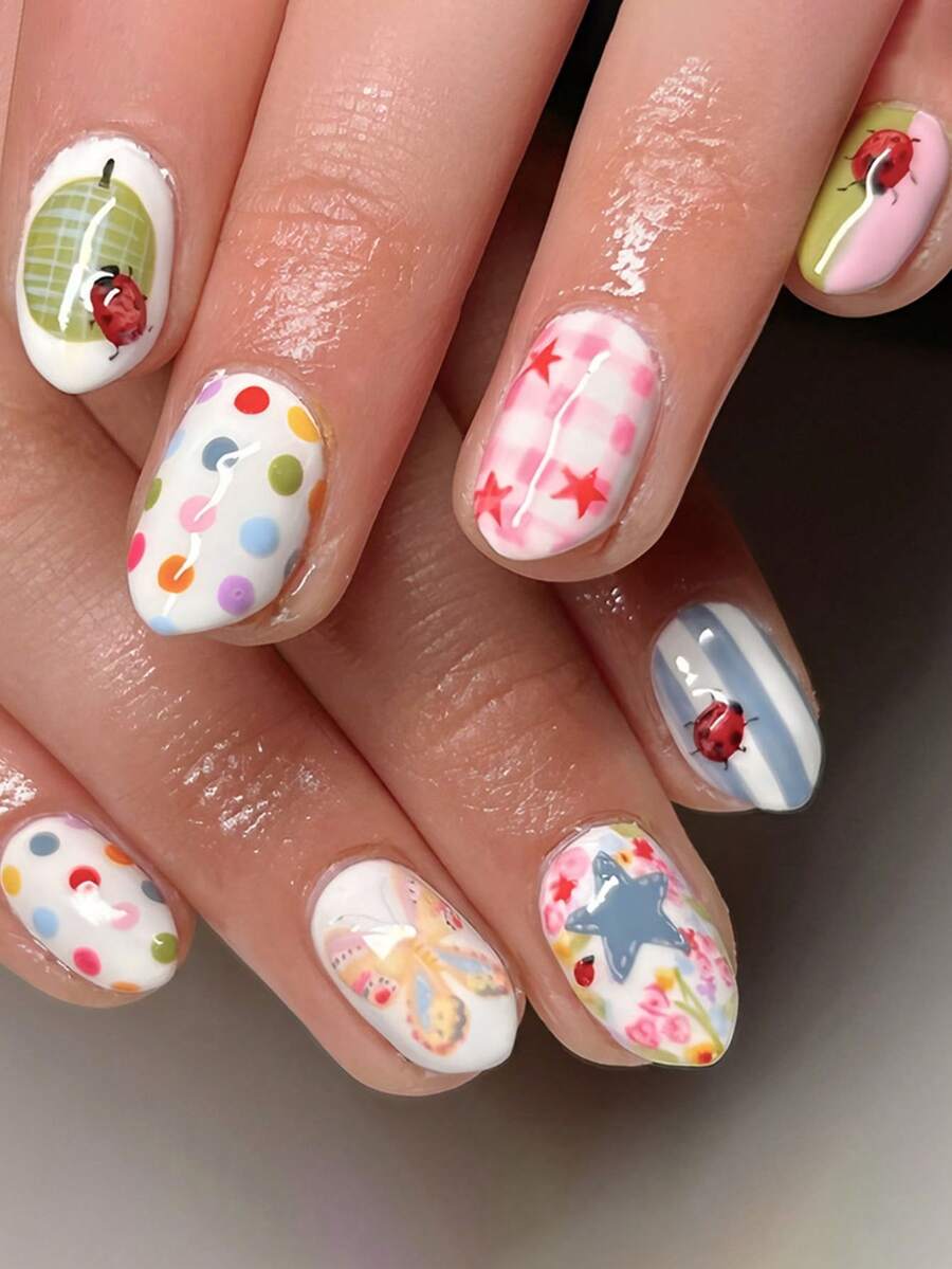 Bộ 24 móng tay giả hình bầu dục cỡ trung bình dễ thương với họa tiết hoa, bọ rùa và chấm bi nhiều màu sắc, phù hợp cho bé gái và phụ nữ sử dụng hàng ngày, hẹn hò và dự tiệc. - Nhiều màu - Xem 1