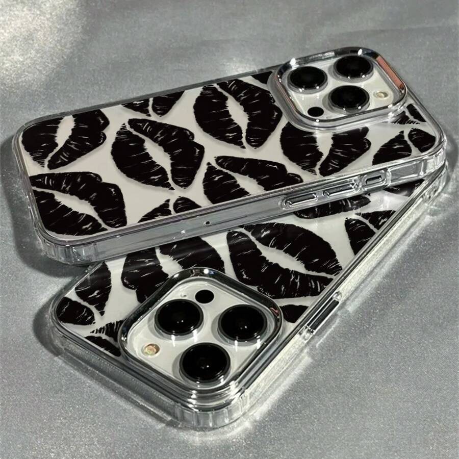 Funda de Teléfono con Estampado Moderno y Original 1pc Pantalla Completa Marco de Impresión de Labios Negros Funda Suave Compatible con Iphone 17 16 15 14 13 12 11 Pro Max AIR 14 15 16E Plus XS XR X 8 7 SE 2020 Cubierta de Teléfono Diseño Único de Moda - 1 pieza - Ver 1