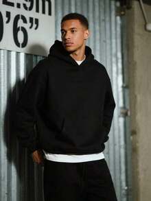 1 Pcs1PC Men's Black Solid Color Drop Shoulder Long Sleeve Drawstring Pocket Casual Hoodie, Autumn/Winter, Suitable For Work, Daily Office Sports, And As A Gift For Husbands And Boyfriend - 黑色 - 查看 7