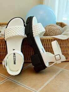 1 Pair White Woven Soft Leather Girls' Sandals, Non-Slip Thick Sole Platform, Strap + Ankle Strap Design, Fashionable Soft Bottom Comfortable Wear, Ideal Summer Outing & Holiday Gift, Children Sandals - 白色 - 查看 3