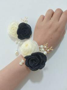 1 hoa cài áo chú rể + 1 hoa cài cổ tay, trang trí hoa màu sâm panh và xanh dương, thanh lịch cho đám cưới, chú rể, cô dâu, phù dâu, tiệc tùng, mặc hàng ngày, ngày Valentine. - 709 - Màu be + Đen - Xem 3