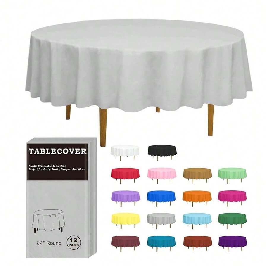 D&Z Plastic Tablecloth Disposable, 12 Pack Silver Table Cloth Individually Wrapped For Indoor&Outdoor, On-The-Go 84" Table Cover For Round Table Ideal For Party, Birthday, Wedding And Dinner - 銀色 - 查看 1