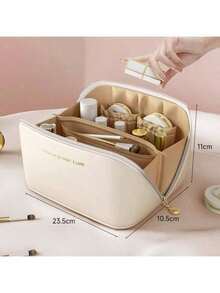 PU Leather Waterproof Cosmetic Bag, Portable Cosmetic Bag, Cosmetics Storage Bag, Large Capacity Spacious Double-Layer Makeup Bag, Suitable For Cosmetics, Skin Care Products, Cosmetic Storage And Storage. - Black - View 3