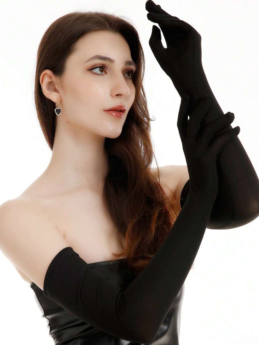 1 đôi găng tay không ngón màu trơn tối giản, đa năng cho các bữa tiệc, hộp đêm, đám cưới, biểu diễn. - màu đen - Xem 1