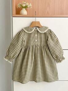 Girls' Plaid Peter Pan Collar Long Sleeve Dress, Sweet Princess Style, Spring/Autumn - Green - View 3