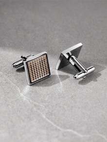 1 Pair Brown Square Checkered Pattern Copper Alloy Cufflinks, Fashionable For Parties And Gatherings