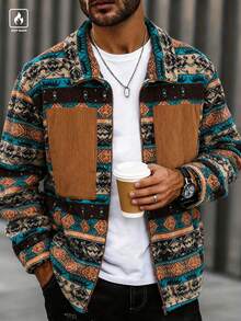 Modcrash Men Stand Collar Corduroy Jacket, Fleece Patchwork Zip Up Coat With Pockets, Autumn Winter Casual Outerwear Fall/Autumn/Winter - Multicolor - View 3