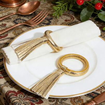 1-6个手工皮革流苏餐巾环，适用于婚礼、晚宴、圣诞节、感恩节、生日装饰