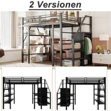 Hochbett 140*200cm, Dreilagiges Ablageregal, Schreibtisch, Kleiderschrank, Sicherheitsstufen Mit Ablagefach, Hohes Zaundesign, Eisenbett, Einzelbett, Schwarz - Black - View 4