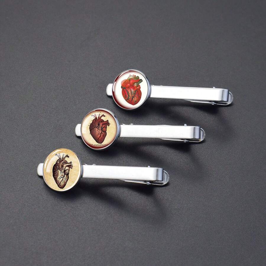 1个医用心形图案玻璃圆顶金属领带夹，科学主题，适合医疗保健专业人士的正式配饰 - 銀色 - 查看 1