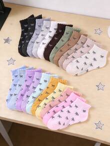 10双随机蝴蝶结设计高弹力女童短袜，蕾丝装饰，百搭日常穿着，适合搭配碎花连衣裙、皮夹克、校服。畅销款 - 彩色 - 查看 4