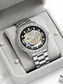 1pc Men's Single-Bridge Design Hollow Minimalist Korean Style Large Dial Luminous Gear Quartz Wrist Watch