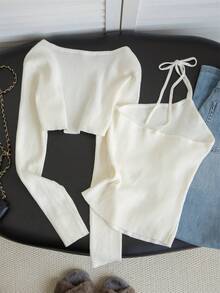 秋冬甜美简约杏色女士毛衣及无肩带针织短款外套两件套，适合外出、约会、下午茶等场合。 - 杏色 - 查看 9