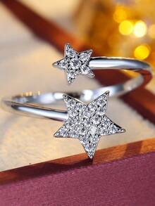 1pc Elegant Creative Double Star Design Zirconia Inlaid Open Ring For Women, Jewelry Accessory For Party, Banquet - Ring - View 8