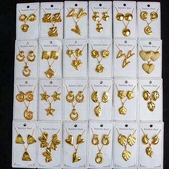 9/15件/套 奢华不锈钢女士耳环项链套装 精致时尚金色心形花朵几何设计 中东风格 女士珠宝 婚礼 派对 新年礼物 配饰（随机发货）