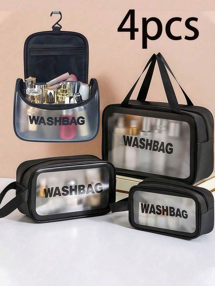 4pcs Travel Makeup Bag Set, PVC Material, Includes Makeup Brush Holder, Cosmetic Organizer Bag, Waterproof Wet & Dry Separation Layer, Essential For Summer Travel, Also Can Be Used As Perfume Case, Makeup Bag, Multi-Function Luggage Bag, Electronics Organizer, Bathroom Decor, Cosmetic Storage Box, Bathroom Accessories, And Back To School Supplies. - Black - View 28