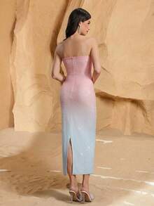 Elegant Women's Strapless Beaded Ombre Long Formal Dress Glamorous Sleeveless Pencil Hem Evening Gown Party Wedding - Multicolor - View 4