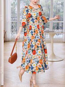 Women's Elegant Floral A-Line Midi Dress, 3/4 Sleeve, Round Neck, Flared Hem, Perfect Casual Bohemian Style - Blue - View 4