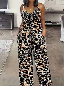 Mono de talla grande con estampado de leopardo, sin mangas, con tirantes de espagueti, espalda abierta y diseño de lazo largo, para vacaciones, color negro, primavera - Negro - Ver 2
