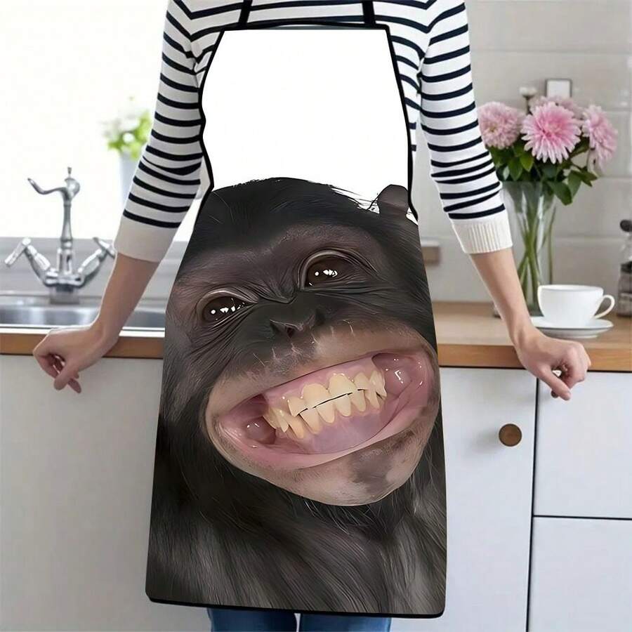 1PC Cartoon Chimpanzee Smiling Face Apron Fun Animal Expression Kitchen Stain Resistant Waist Apron Creative Home Cooking Baking Protection Apron - Multicolor - View 1