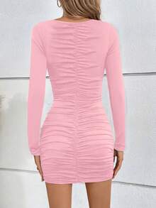 Elegant Ruched Waist Deep V-Neck Long Sleeve Mini Dress, New Arrival Spring/Summer - Pink - View 4
