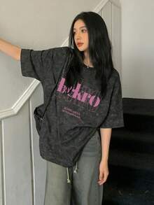 Japanese Style Women's Loose Fit Round Neck Fashionable Versatile Letter Print Tie-Dye Short Sleeve T-Shirt, Spring/Summer - Black - View 3