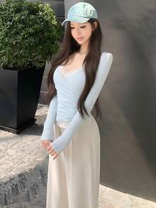 2件套女士V领长袖T恤和吊带背心叠穿上衣，秋冬季 - 淺藍色 - 查看 2