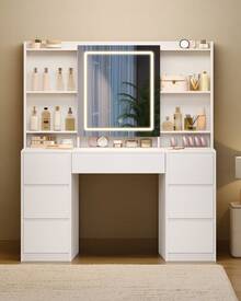 HEXCELEN Dressing Table With Lights, Vanity Desk With Large Led Mirror, Adjustable Brightness, Makeup Desk Vanity Table With 7 Drawers, 4 Shelves For Bedroom, Storage Behind The Mirror, White - Xem 2