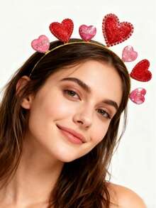 1pc Valentine's Day Headband, Red Heart Shaped Glitter Hairband