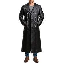 Men's Double-Breasted Black Leather Trench Coat - Vintage German Classic Military Officer Uniform Long Jacket - Black - View 4