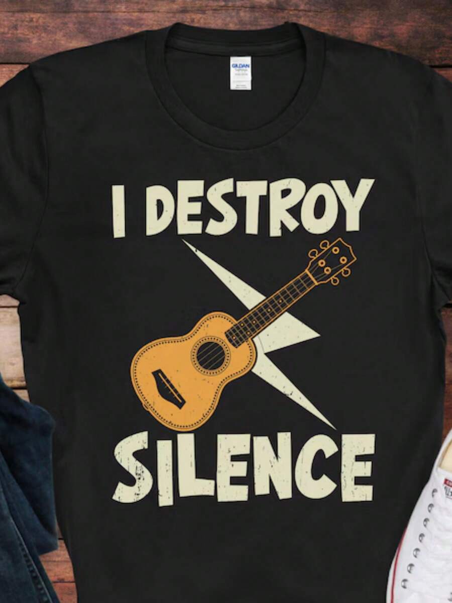 I Destroy Silence, Ukulele T-Shirt _ Funny Ukulele Tee _ Gift For Ukulele Players _ Ukulele Music Lover Shirt - 黑色 - 查看 1