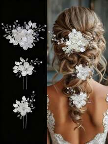 三件套大花朵新娘婚礼发夹，水晶珍珠发夹，头饰，新娘发饰，珠宝，钻石镶嵌，闪亮浮雕，白色花朵