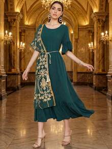 Elegant Women's Long Arabian Dress With Round Neck Half Flounce Sleeves And Tassel Belted Asymmetrical Ruffle Hem Embroidery For Special Occasions - Dark Green - View 5