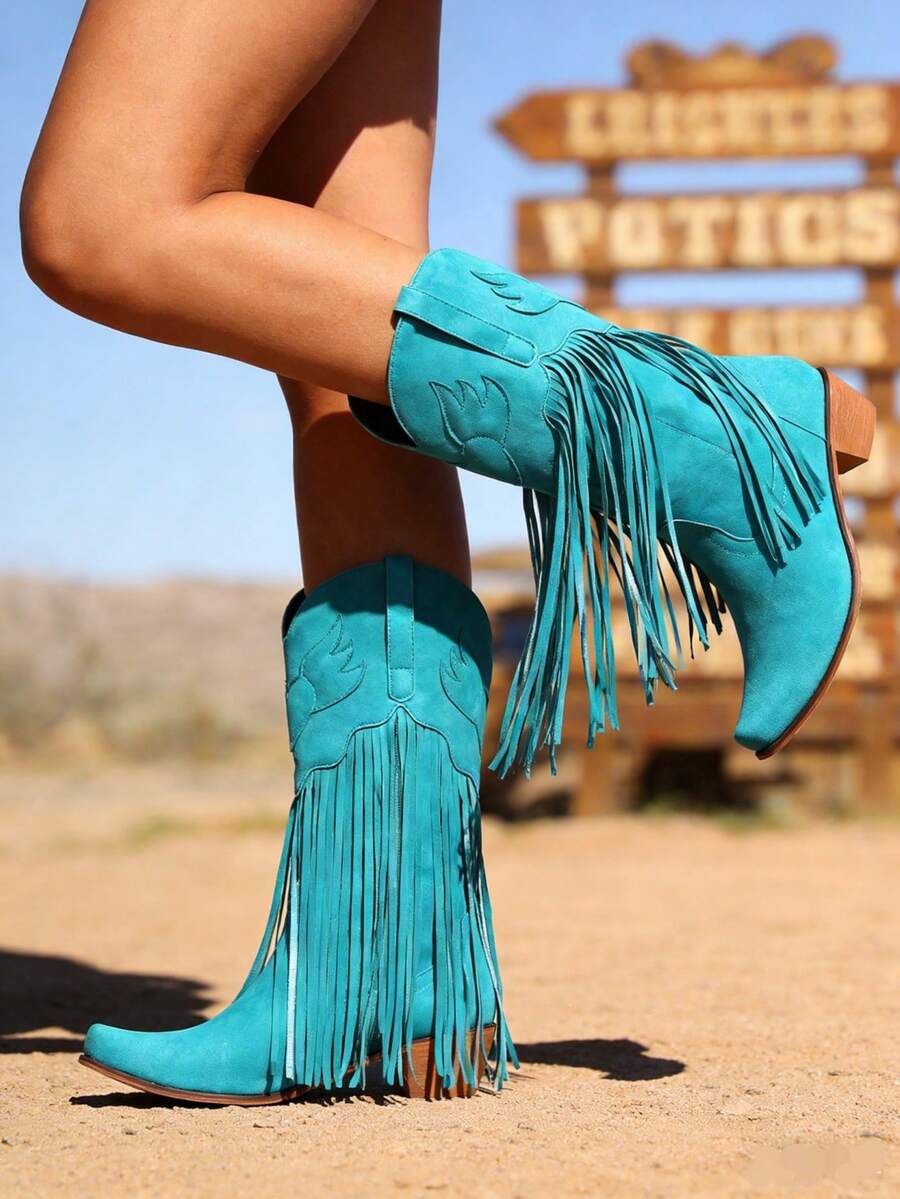 Women's Cowboy Boots Mid Calf Fringe Boots Embroidered Western Cowgirl Boots Knee High Boots Pointed Toe Chunky Heel Pull On Tassel Boots For Wedding Party Winter Boots Shoes - 藍色 - 查看 1
