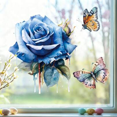 1pc Creative Blue Rose Butterfly Window Sticker, Removable PVC Self-Adhesive Decal, Suitable For Bedroom, Living Room, Balcony And Shop Window Decoration In Spring