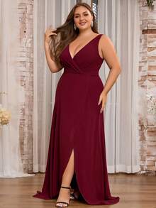 Vestido de Dama de Honra para Convidados de Casamento, Festa à Noite e Coquetel, Elegante, Sólido, Minimalista, Gracioso, Chiffon com Decote em V, Amarração nas Costas e Zíper, Tamanhos Plus Size, Primavera/Verão/Outono - bordô - Visão 5