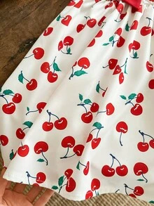 Korean Style Girls Cherry Print Dress, Summer, Backside Red Bow Puff Sleeve Princess Dress, Children Sweet Puffy Skirt, Children Waist Cinched Vacation Dress - Red - View 6