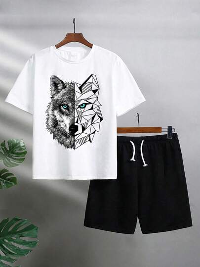 2pcs/Set Young Boy Animal Print Short Sleeve T-Shirt And Drawstring Waist Shorts Casual Outfit