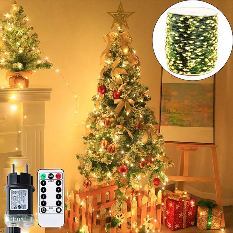 10米/200米绿色铜线LED灯串，圣诞树装饰灯，适用于新年派对、婚礼、花园露台、圣诞装饰