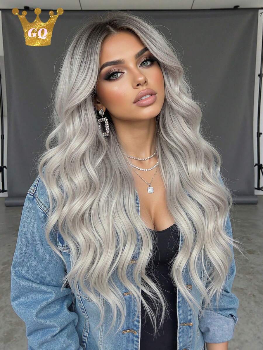 24 Inch Long Wavy Ombre Gray Wig With Bangs, Long Curly Synthetic Hair Wig, Heat Resistant, Suitable For - Grey - View 1