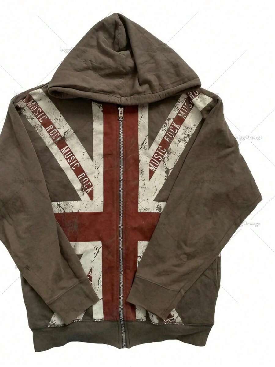 Vintage British Rock Hoodie - Distressed Union Jack Print With Music Theme Typography, Unisex Zip-Up Featuring Faded National Emblem - 咖啡色拉鍊開襟衫 - 查看 1
