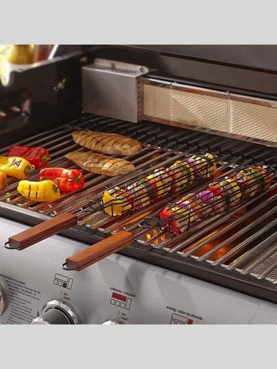 2pcs/1pc Portable Non-Stick Metal Barbecue Basket, Suitable For Charcoal Grill - Black Outdoor Cooking Tool With Wooden Handle, Even Heat Conduction, Comfortable Grip, Suitable For Vegetables, Skewers, Sausages And Kebabs | Fashionable Metal Texture | Durable, Outdoor Barbecue Accessory